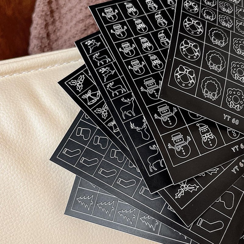 KRTBKR 6 Sheets Christmas Nail Guides 3D Xmas Trees Snowman Elk Nail Art Stickers Airbrush Nail Stencils Stickers Hollow Guides Nail Decals for Women Acrylic Nails Decoration Winter Stencil Tools - Image 3